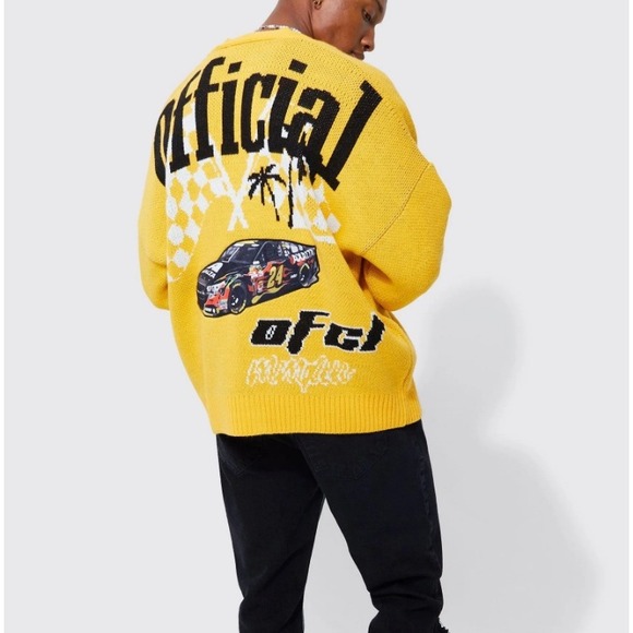 BoohooMAN Boxy Official Moto Car Badge Cardigan,Yellow Black,L - Picture 2 of 10